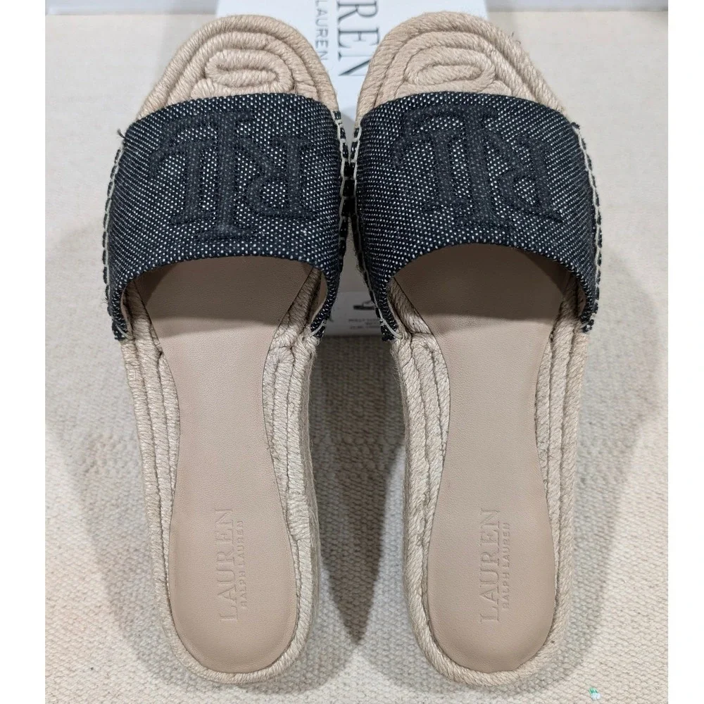 Lauren Ralph Lauren Polly Logo 2 Espadrille Slide Sandals Natural Black 7B NIB